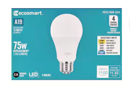 75W A19 Lightbulb Replacement E26 Base (4/Pack)