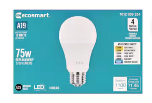 75W A19 Lightbulb Replacement E26 Base (4/Pack)